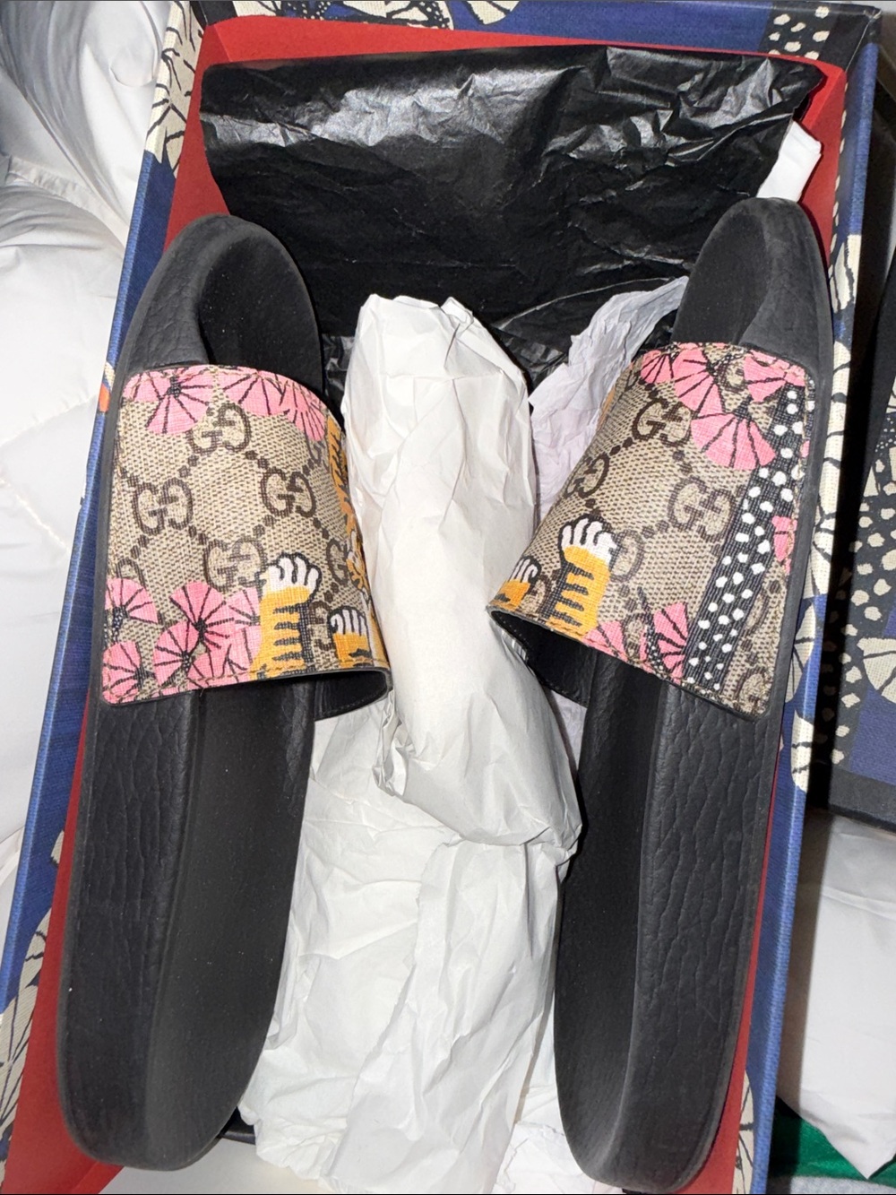 Gucci Pink Floral GG Canvas Slide Sandals with Tiger Motif
